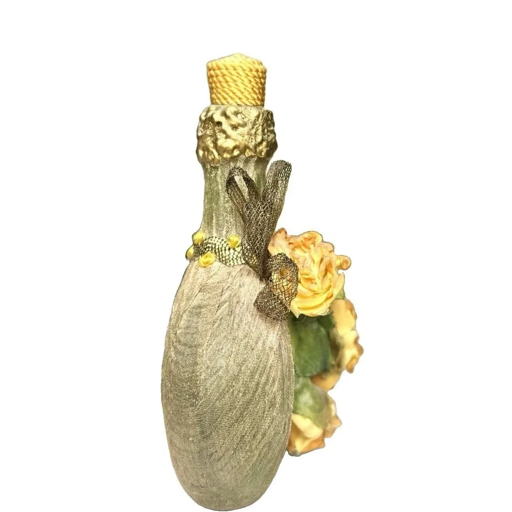 Vintage Gold Wrapped Decanter Bottle Faux Yellow Roses Floral Decor